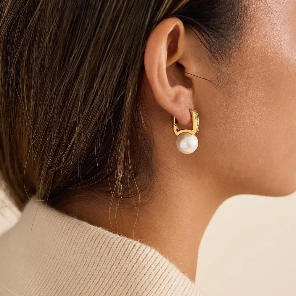 U-Shape Pearl CZ Hoop Earrings - Image 2