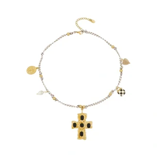 Cross Black Stone Braided Necklace