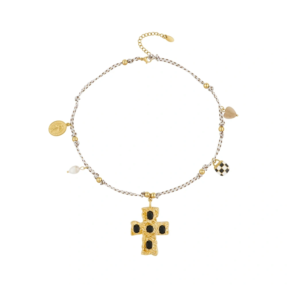 Cross Black Stone Braided Necklace