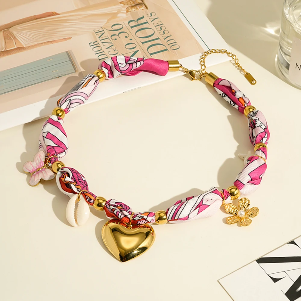 Silk Scarf Flower Shell Necklace - Image 2