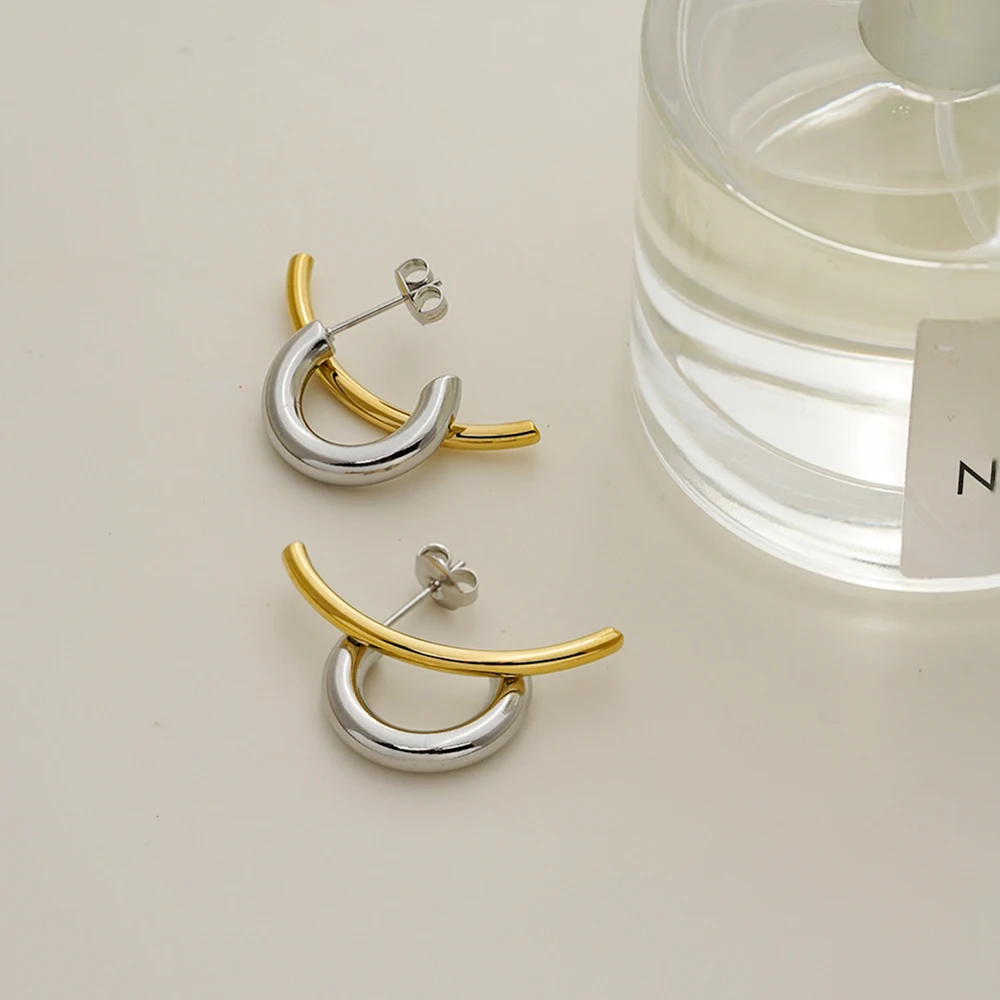 Two Tone C Shaped Stud Earrings - Image 3