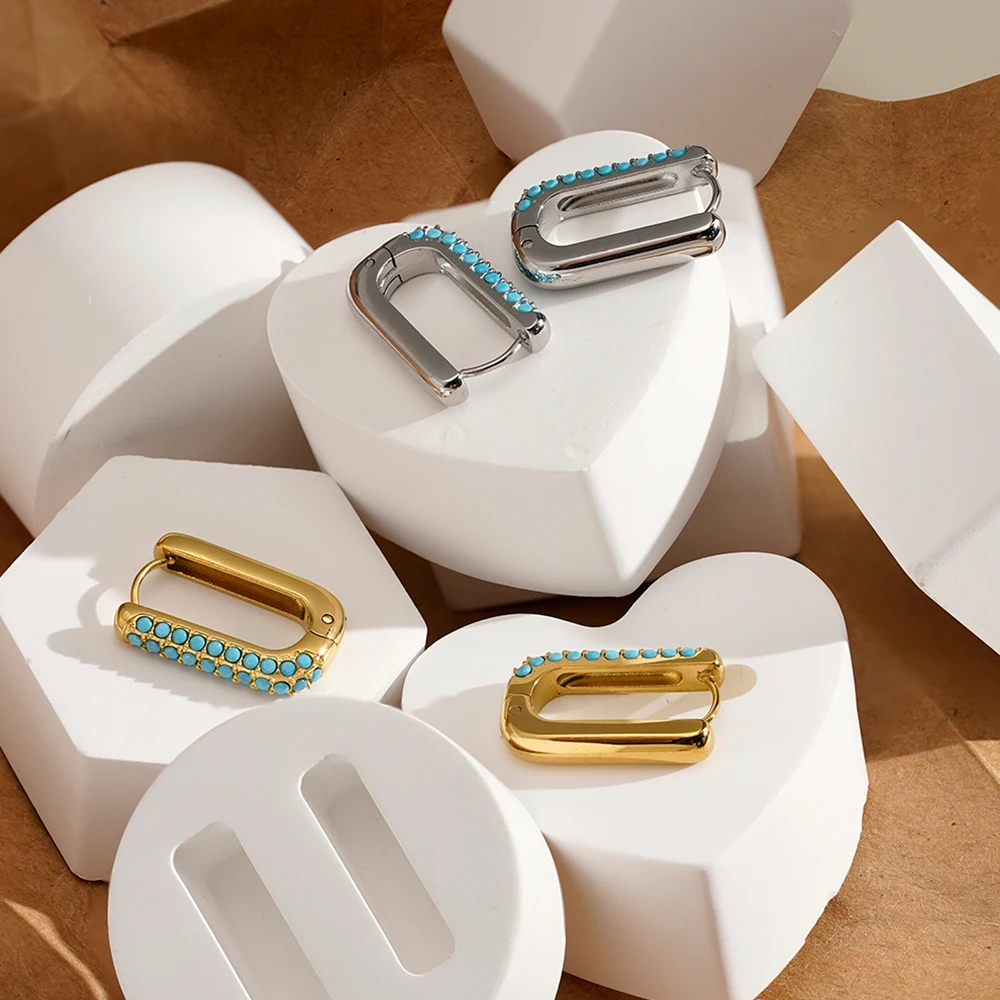 U Shape Blue Turquoise Stud Earrings - Image 4
