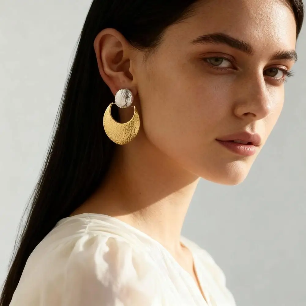 Texture Oval Moon Stud Earrings - Image 2
