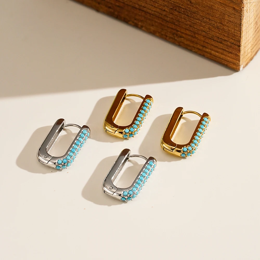U Shape Blue Turquoise Stud Earrings - Image 2