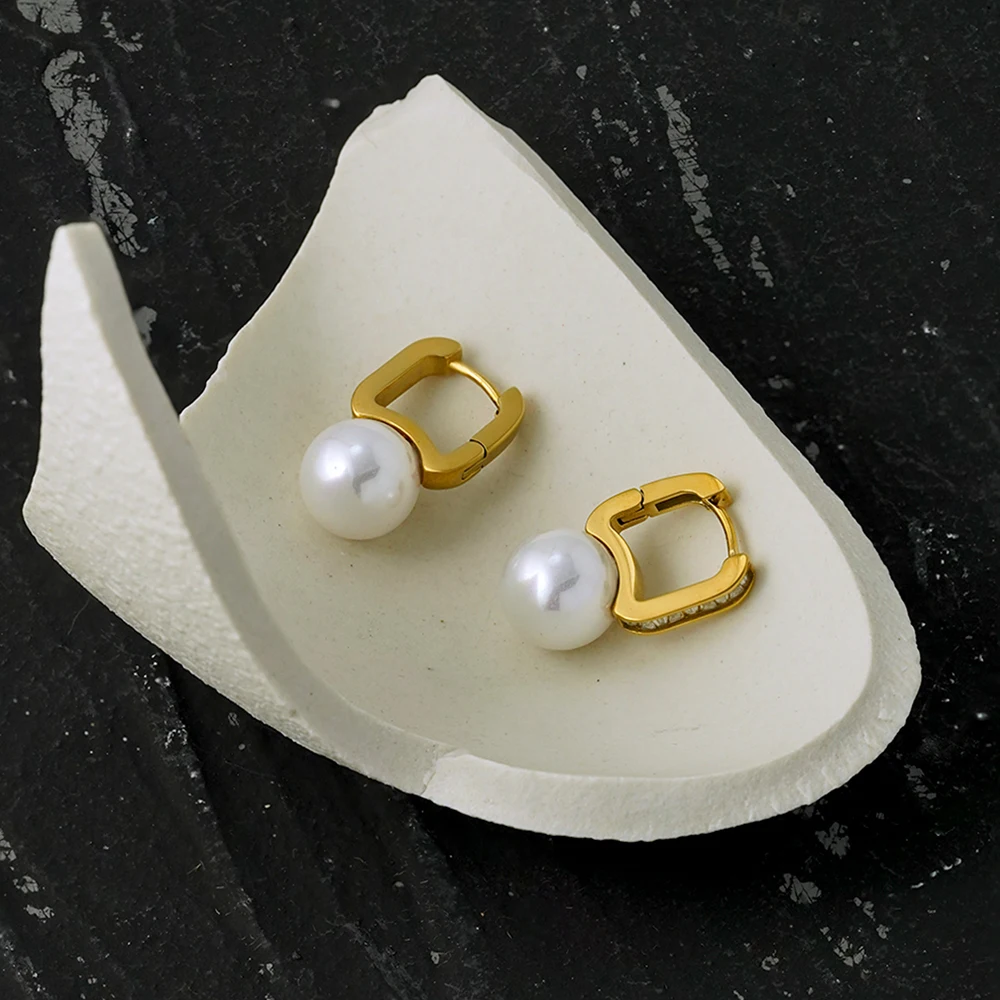U-Shape Pearl CZ Hoop Earrings - Image 5