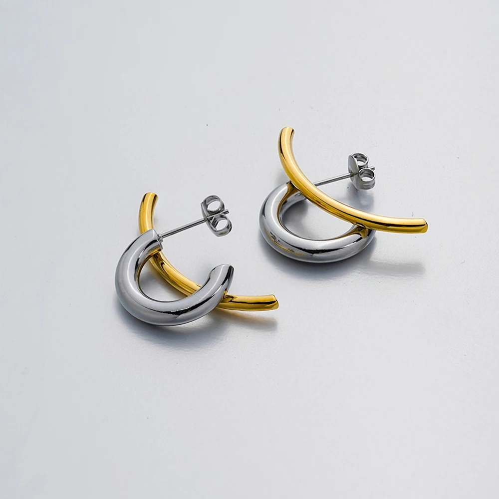 Two Tone C Shaped Stud Earrings - Image 4