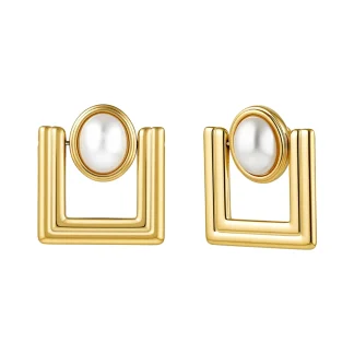 Geometric Square Pearl Stud Earrings