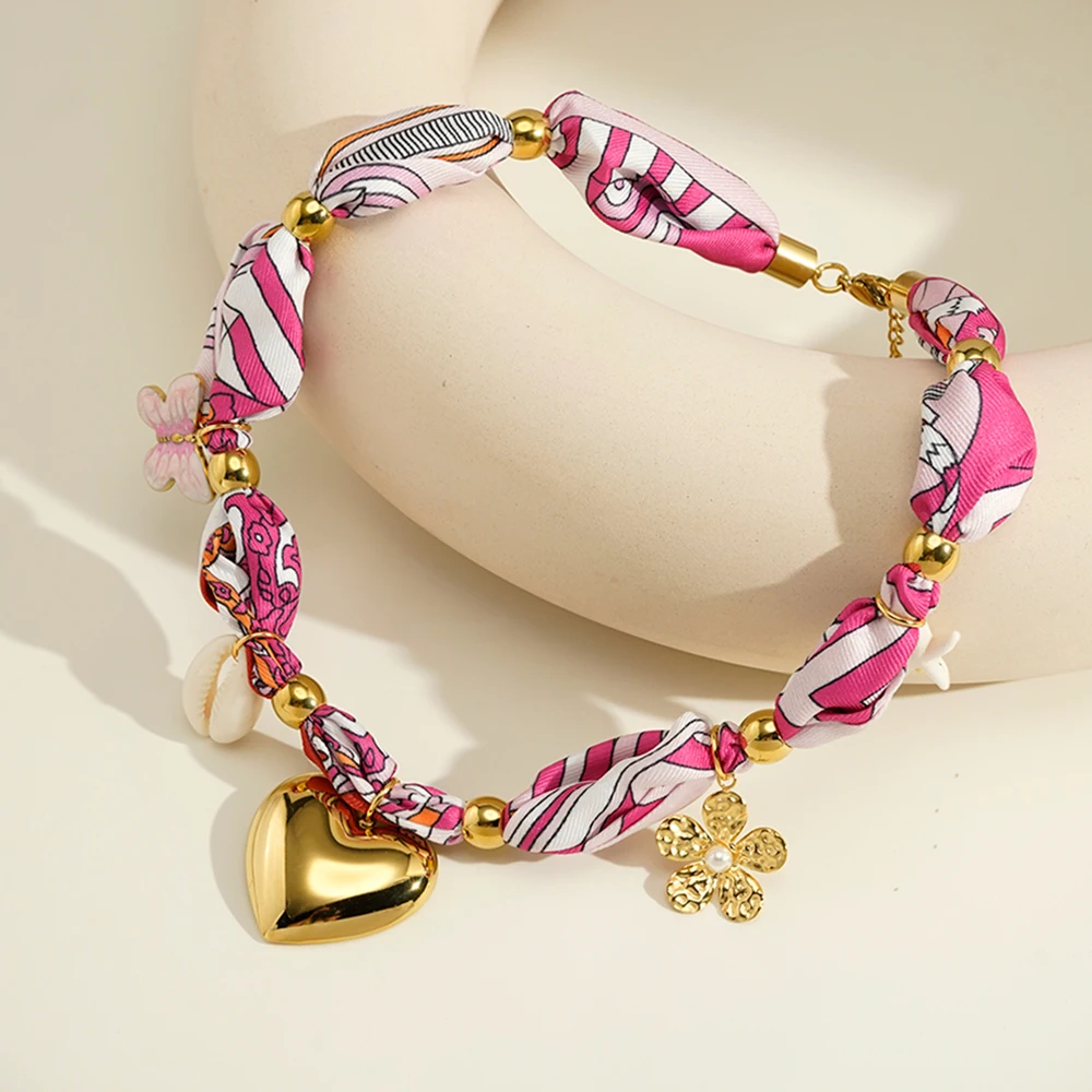 Silk Scarf Flower Shell Necklace - Image 4