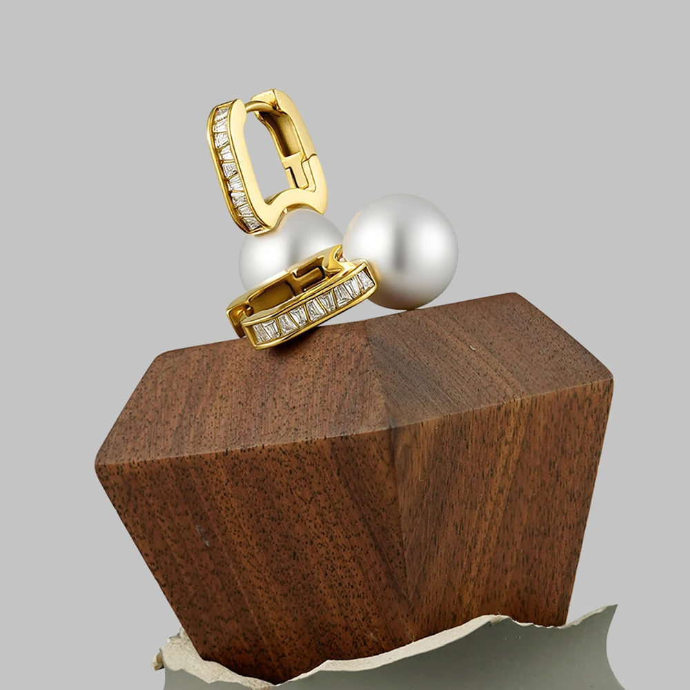 U-Shape Pearl CZ Hoop Earrings - Image 3