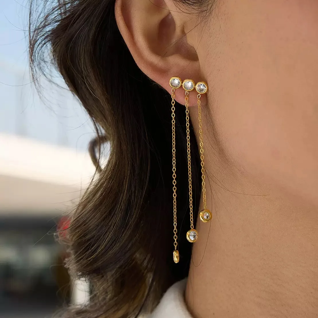 Long Chain Zircon Drop Earrings - Image 3