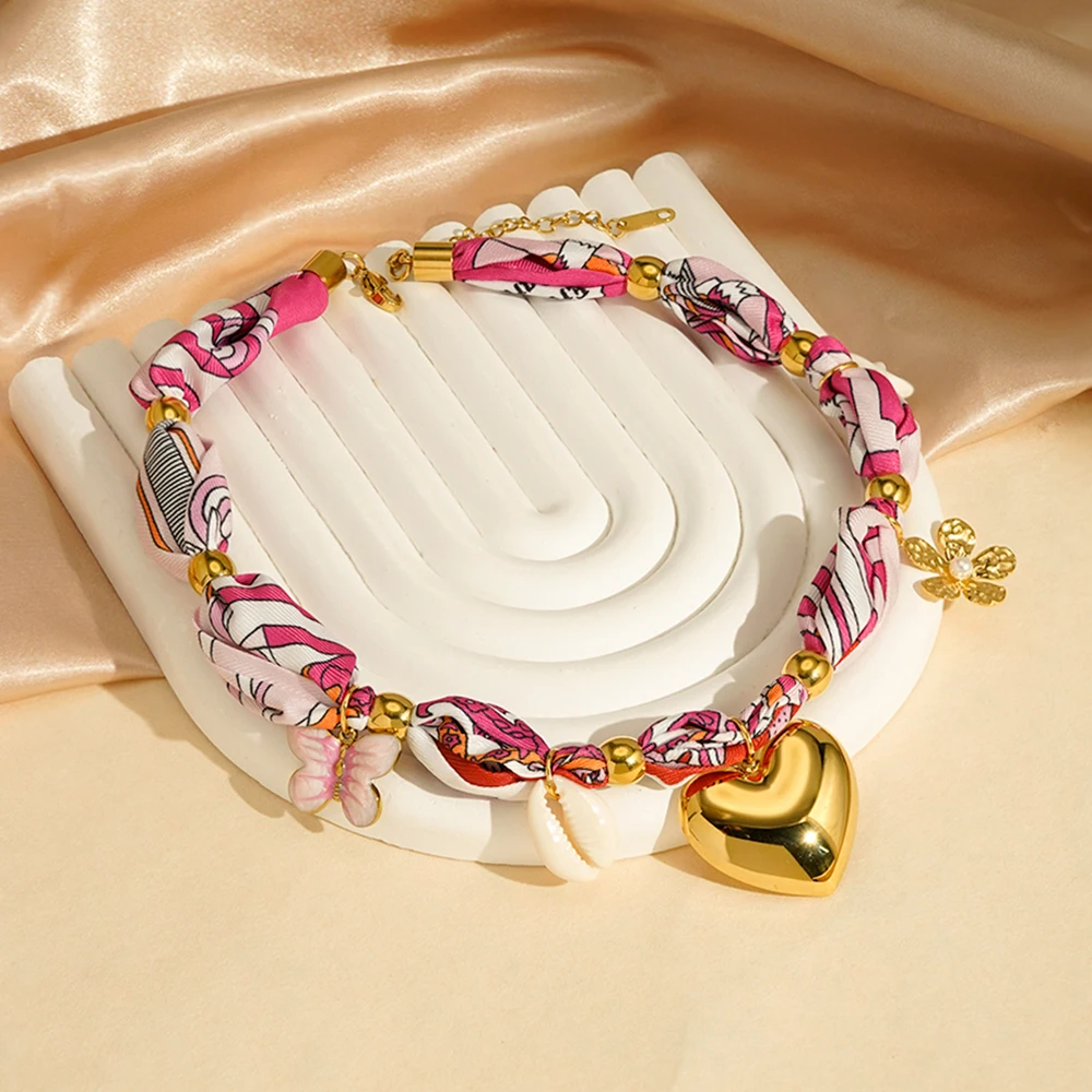 Silk Scarf Flower Shell Necklace - Image 3