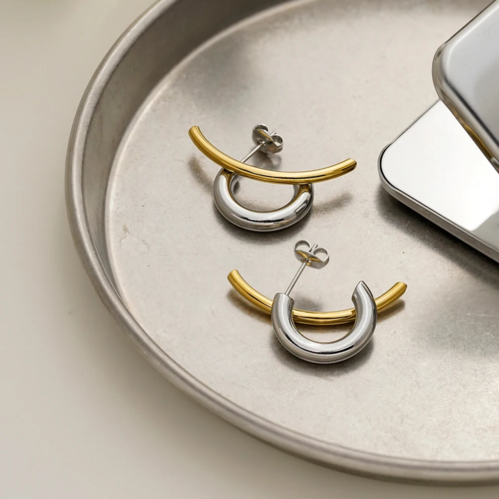 Two Tone C Shaped Stud Earrings - Image 5