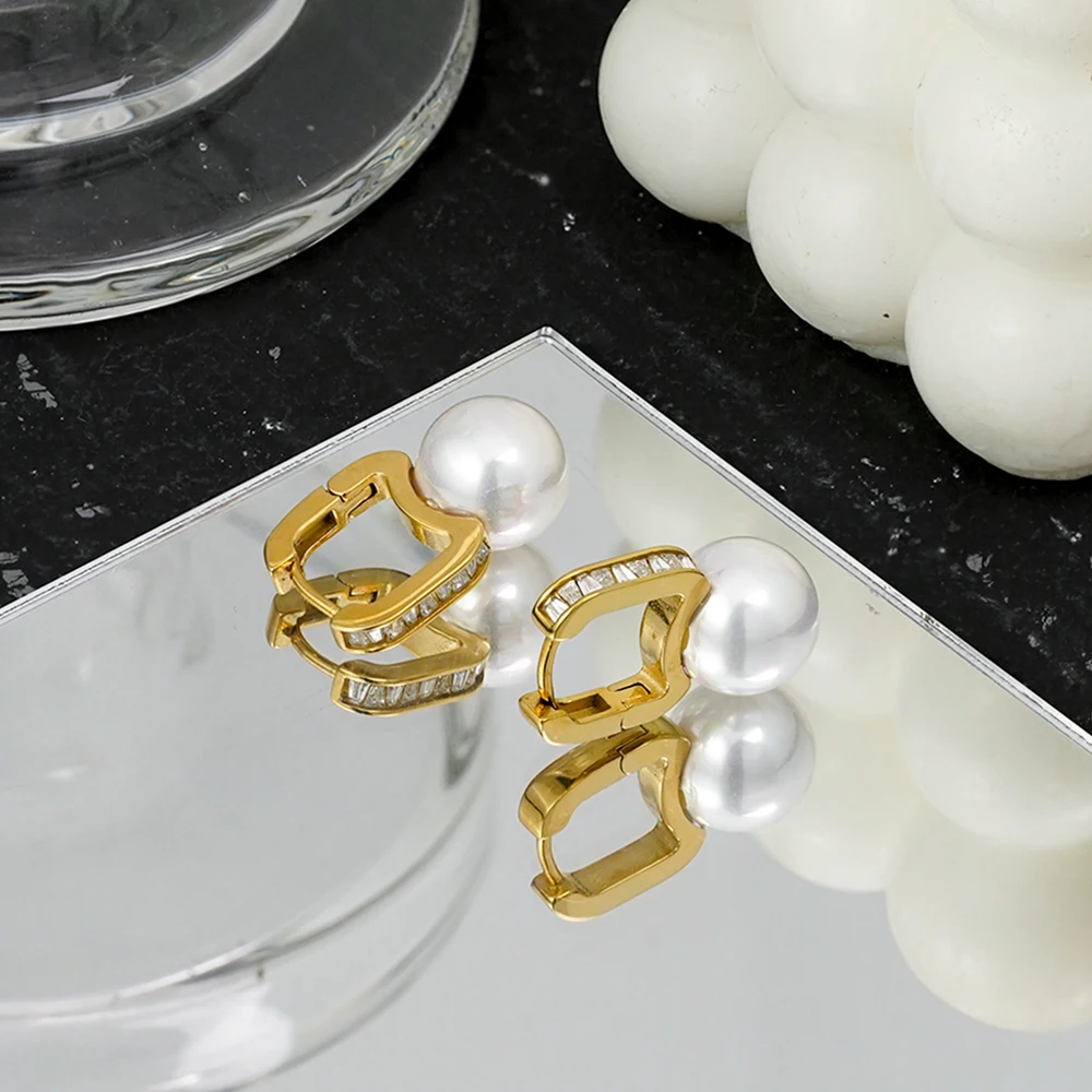 U-Shape Pearl CZ Hoop Earrings - Image 4